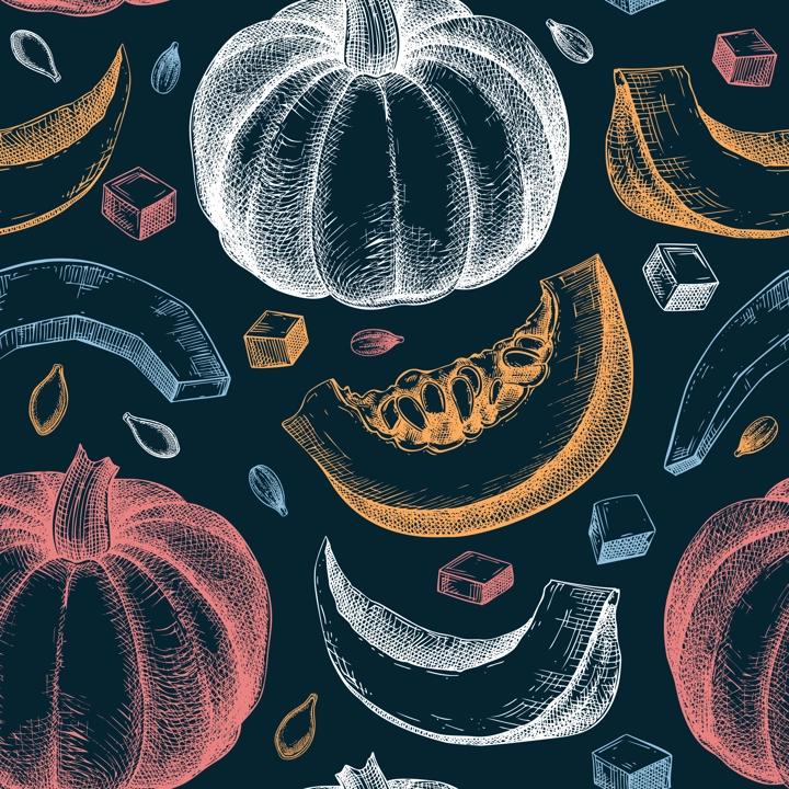 Pumpkin background. Autumn vegetables hand-drawn vector illustrations. Vintage Thanksgiving seamless pattern. NOT AI generated